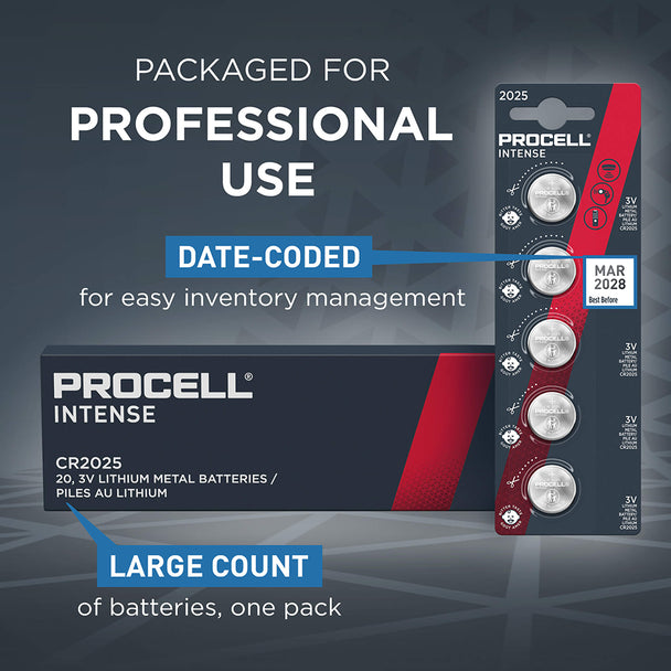 Duracell Procell Intense CR2025 Coin Cell Lithium Batteries | 5 Pack