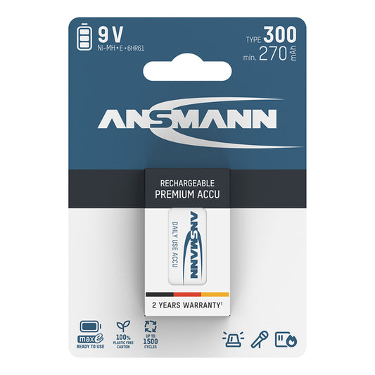 Ansmann Max-E 9V PP3 HR22 300mAh Pre-charged Rechargeable Battery | 1 Pack